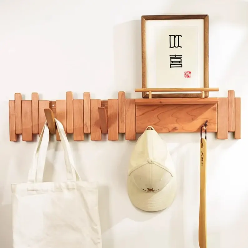 رف معطف خشبي بسيط مع خطافات رفوف عائمة مثبتة على الحائط للمدخل هدايا تدفئة المنزل أثاث مصنوع يدويًا