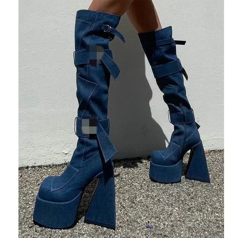 XINZI RAIN Plus Size Support Women Long Boots Brands Design Denim Square Toe Chunky Heel Women Over Knee Boots