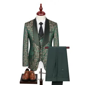 Ready Send 3 PCs Men's Suit Set Jacquard Jacket Vest Pants African Big Size Green Men Suits