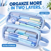 Trousse de Maquillage Double Couche en Maille de Capacité Moyenne, Étui à Crayons Transparent Portable avec Poignée pour Étudiants