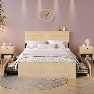 定制尺寸波西米亚风格天然高品质MDF板藤木床架带床头板4个抽屉适用于卧室酒店 - Product Image 1