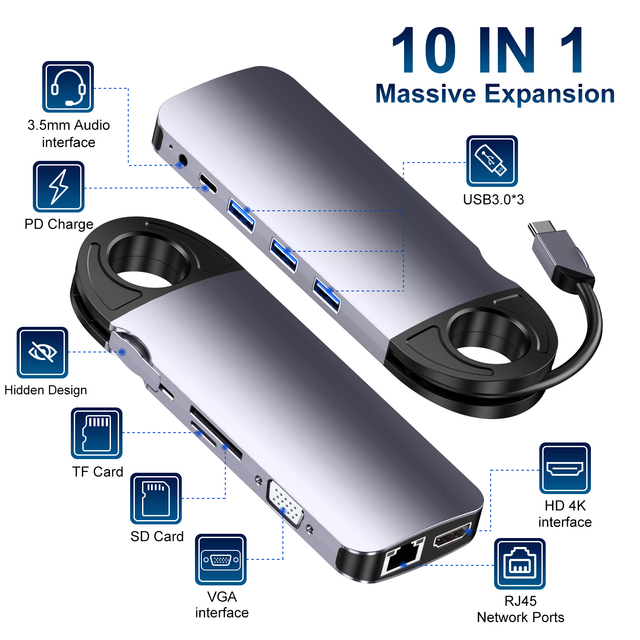 Portable 10-Port USB Type C Hub Hidden Design Multiport Docking Station for 10+ 1 Laptop Smartphone Devices All-in-One Type-C