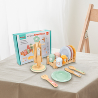 Set Peralatan Makan Kayu Bermotif Bunga dengan Rak Cangkir Tempat Peralatan Makan Piring Mug Hadiah Permainan Peran Meja Anak-anak