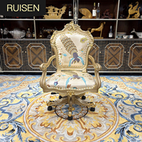 Chaise de bureau brodée à la française, chaise pivotante de luxe européenne en bois massif avec coussin moelleux, idéale pour les villas de luxe
