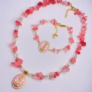 24K Gold Plated Zirconia Paved Pink Shell Virgin Mary jewelry natural stone healing energy crystal chip necklace jewelry set