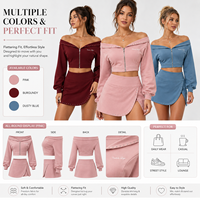 Ensemble survêtement rose pour femme : sweat à capuche court épaules dénudées et jupe, ensemble deux pièces sweat-shirt et short pour la gym, vente en gros