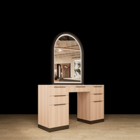 Poste de barbier en bois double face Miroir ovale à led avec rangement Salon de barbier moderne Mobilier de salon de coiffure Design de salon de barbier de luxe