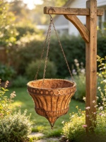 Panier suspendu vintage en métal bronze sculpté à la main avec doublure en fibre de coco, pot suspendu à chaîne pour la décoration de la maison et du jardin