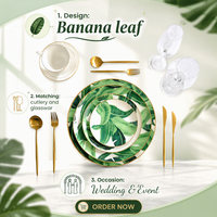Ensemble de vaisselle en céramique de luxe avec bordure dorée, imprimé feuilles de bananier, tasses et bols pour mariage, hôtel et restaurant