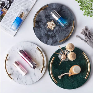 批发豪华现代圆形托盘25厘米直径，白色绿色灰色大理石，带金色手柄盘子和盘子 - Product Image 2