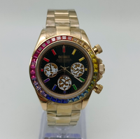 Montre à mouvement VK63, montre calendrier argentée et blanche en acier inoxydable, six aiguilles, chronographe segmenté, lunette sertie de diamants arc-en-ciel