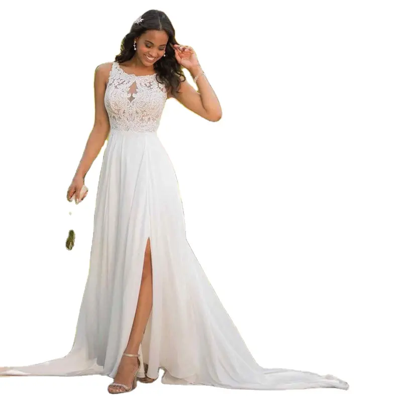 Women's A-line Lace Wedding Dress Side Slit Chiffon Illusion Beach Bridal Gown