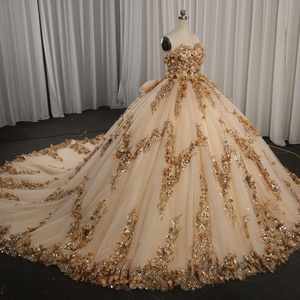 Hmy20 Exquisito Vestido de Noche de Gala Color Champán con Lentejuelas Doradas Pesadas, Apliques Florales 3D y Cola Catedral Jancemebr - Product Image 3