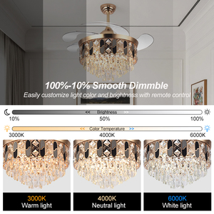 Y123卸売高級天井ファンライトゴールドクリスタルシャンデリア吊り下げ式ブレードリビングルーム用天井灯 - Product Image 2