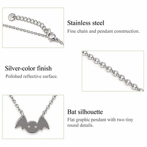 Collier pendentif chauve-souris couleur argent en acier inoxydable, chaîne fine réglable 40+5 cm, léger 2,4 g - Product Image 3