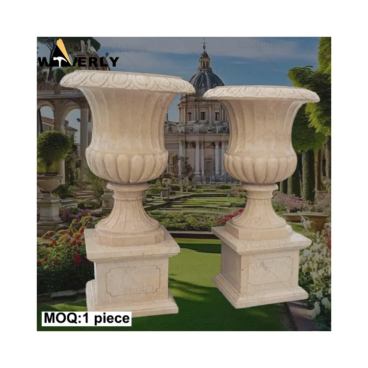 Vasos de flores para paisagens personalizadas, vasos grandes esculpidos em pedra natural, vasos de mármore romanos egípcios grandes e bege para uso ao ar livre