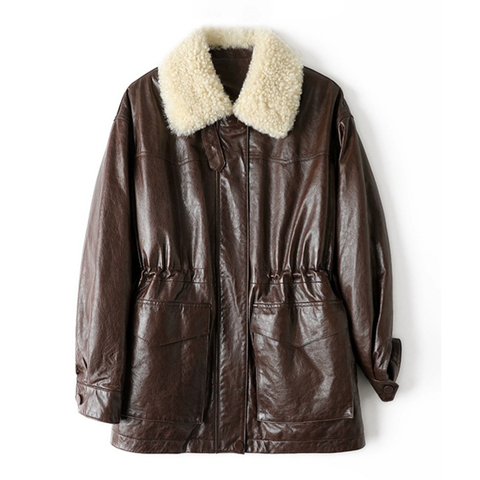 566 Oil-waxed Sheepskin Detachable Lamb Fur Collar 90 Goose Down Down Coat for Women