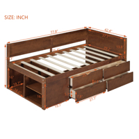 Lit de repos multifonctionnel en noyer, lit double avec étagères de rangement pratiques et tiroirs coulissants pour chambre à coucher