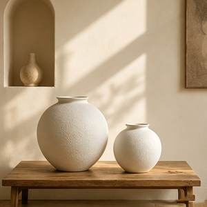 Set di <span class=keywords><strong>Vasi</strong></span> <span class=keywords><strong>in</strong></span> Ceramica Minimalisti Sferici Bianchi Opachi Texturizzati Fatti a Mano, Decorazione Wabi Sabi per Credenza <span class=keywords><strong>in</strong></span> Legno - Product Image 3