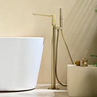 Robinet de baignoire en cuivre pur, robinet de douche tout en cuivre, robinet sur pied chaud/froid de style américain vintage électroplaqué avec finition bois