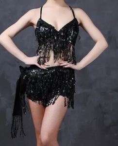 New Sexy Cô Gái Phụ Nữ Khiêu Vũ Quần Áo Sequins Trang Phục Câu Lạc Bộ Đêm Mặc Múa Bụng Trang Phục 3Pcs Set Top + Khăn + Panty Hạt tua - Product Image 4
