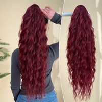 Extension de queue de cheval à cordon de serrage, extensions de cheveux synthétiques ondulées de 28 pouces, rouge bordeaux