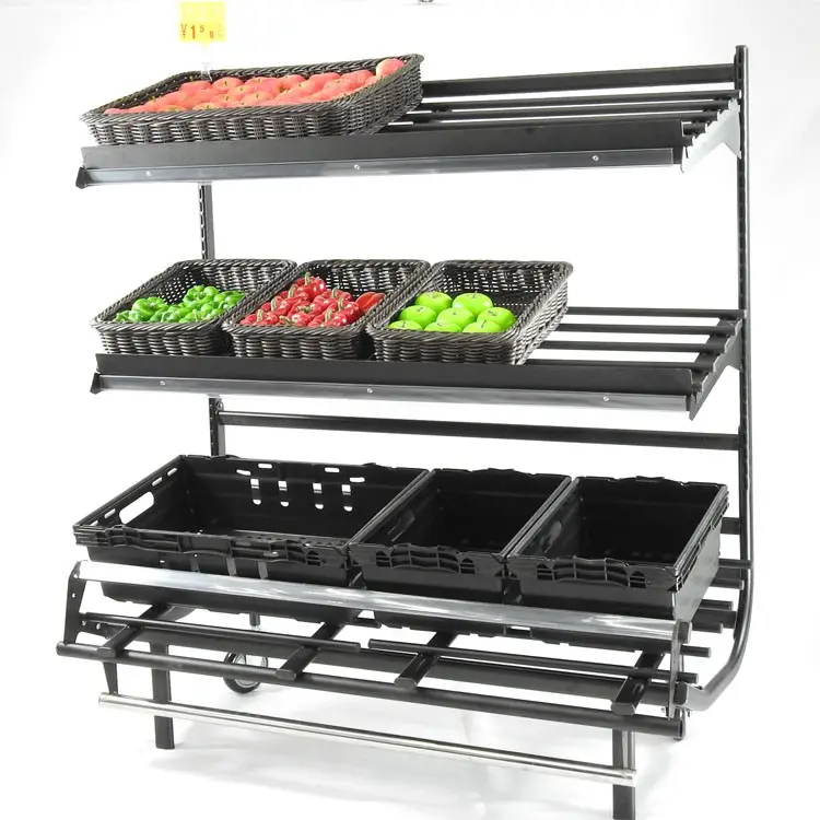 Étagère de rangement à 3 niveaux pour présentoir à fruits Étagère de rangement réglable et mobile en métal pour supermarché rac k pour magasin