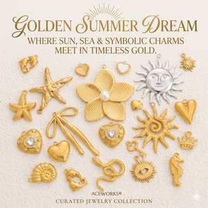 Sueño Dorado de Verano |   Colgante de Estrella de Mar y Sol en Acero Inoxidable con Baño de Oro PVD de 18K |   Colgante de Estrella de Mar, Concha, Caballito de Mar y Delfín - Product Image 1