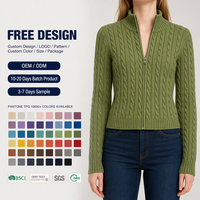 Cardigan zippé en maille torsadée vert sauge pour femme, col roulé, manches longues, fabrication OEM ODM, vente en gros, tricot d'hiver