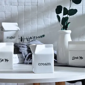 Simple ceramic milk box shape sugar pot and creamer water pitcher set silk screen porcelain milk jug