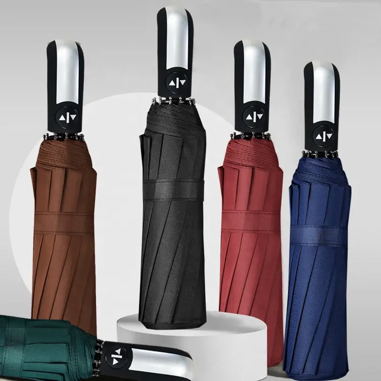 Baratos por atacado de Presente Portátil 10K Regenschirm 3 Folding Sun Umbrella Chuva Resistente Ao Vento Automático Aberto com O Logotipo