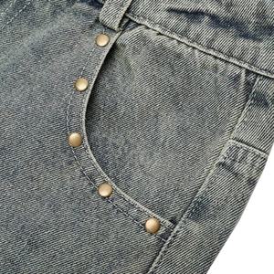 กางเกงยีนส์ฮิปฮอปสไตล์วินเทจแบบขายส่ง ลุคสตรีทแวร์ ซักฟอกหนัก แต่งขาด แต่งหนังแบบปะติด ทรงตรง กางเกงยีนส์ทรงหลวมสำหรับผู้ชาย - Product Image 4