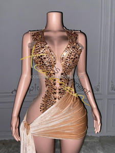 Parti gece kulübü için toptan lüks aç geri seksi Mesh dantelli elbiseler Rhinestone elmas Sheer gül altın doğum günü Mini elbise - Product Image 3