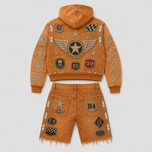 OEM Men 100% Cotton Acid Wash Sweat Suit, Luxury Y2K Yellow Tracksuit, Custom Plus Size Distressed 2 Piece Denim <strong>Trouser</strong> Set - Product Image 2