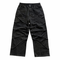 Jeans larges personnalisés pour hommes, 14 oz, noir délavé, panneaux superposés, découpes en maille effilochée, rivets, fabricant OEM
