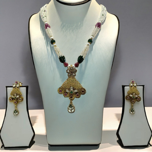 Traditional Gold White Pearl Multi Strand Necklace <b>Set</b> with Green Pink <b>Beads</b> Designer Pendant and Matching Earrings - Product Image 3