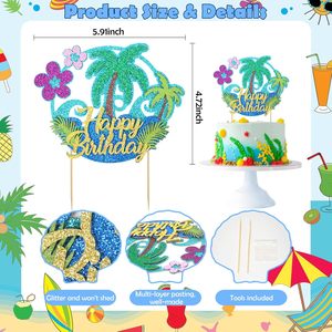 Décoration de gâteau Hawaïenne Joyeux Anniversaire avec Paillettes, Palmiers, Fleurs d'Été et Océan – Accessoires de Fête Thème Luau - Product Image 2
