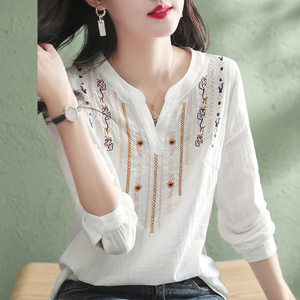 Blusas blancas de primavera y otoño para mujer, blusas informales con bordado, cuello en V, manga larga, estilo vintage, corte holgado DF4272 - Product Image 2