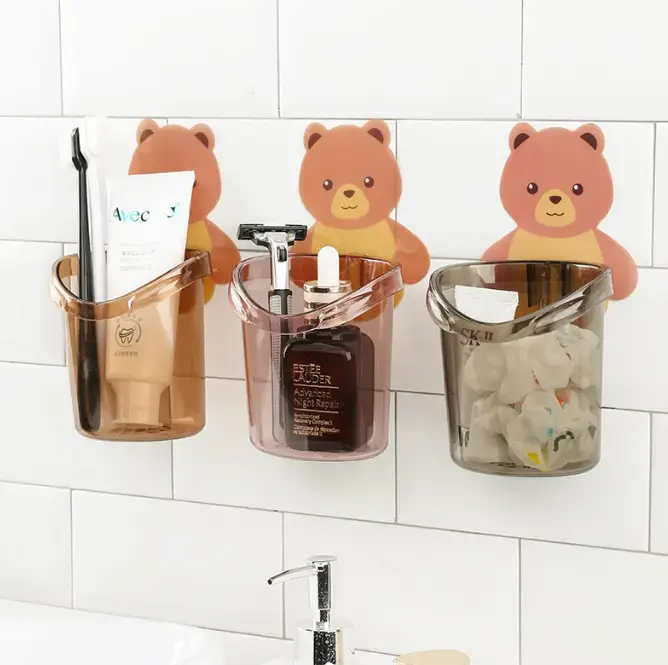 Banheiro escova titular copo tampa urso parede montado mouthwash organizador creme dental cremalheira armazenamento