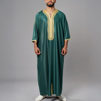 Robe longue marocaine brodée pour homme, kaftan musulman à manches courtes, robe de prière islamique décontractée