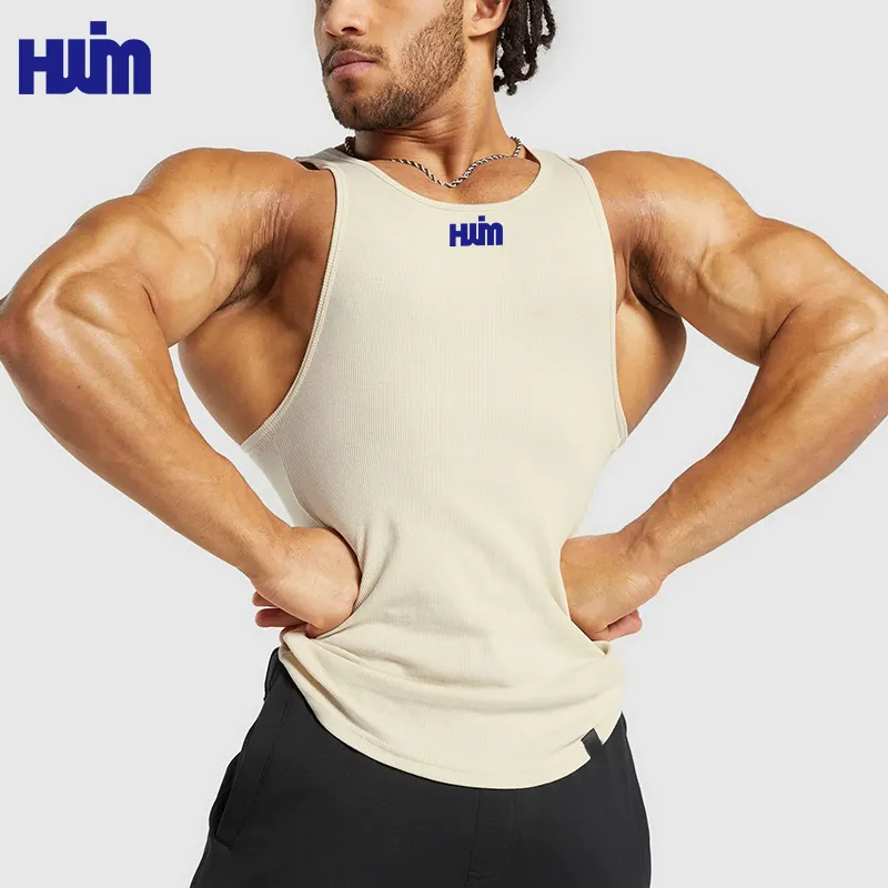 Men's Custom Logo Gym Blank Muscle Bodybuilding Fitness Vest Cotton Polyester Breathable Sport Running Tank Tops