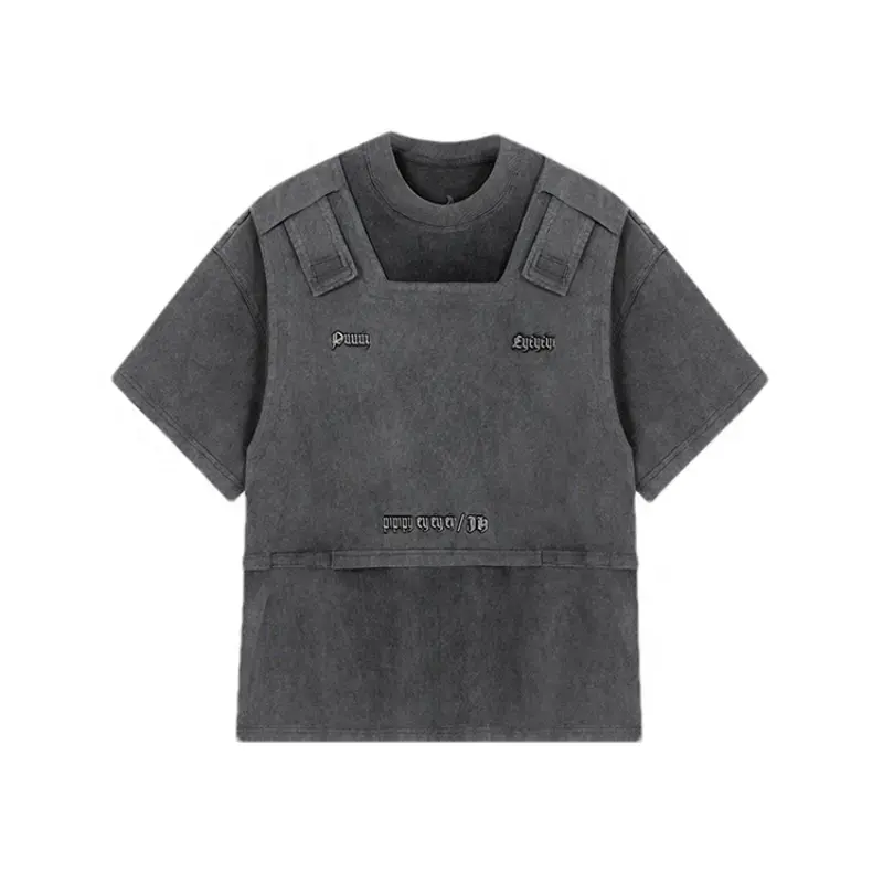남성용 커스텀 더블 레이어 2 장 티셔츠 스트리트웨어 그레이 산 워시 남성 티셔츠 드롭 숄더 오버사이즈 티셔츠