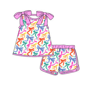 GSSO3024 CUSTOM Ensemble pour petite fille active, imprimé bottes à nœuds rouges et bleus, tenue courte à manches courtes pour enfants, vente en gros - Product Image 3