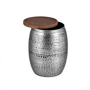 Handcrafted Hammered Metal Storage <b>Side</b> <b>Table</b> Silver Finish Drum Stool With Removable Wooden Cap Lid Modern Accent Furniture - Product Image 1
