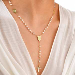 Collana Rosario Cattolico con Ciondolo a Croce a Forma di Y della Vergine Maria di Guadalupe e Perle Imitazione - Product Image 1