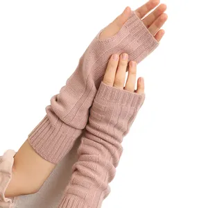 Custom design logo knitted cashmere winter long arm warmer ladies fashion mittens cute knit thermal fingerless gloves for women