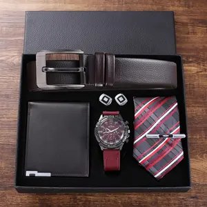 Best-Selling gift sets Casual Trend Versatile Temperament Quartz Watch + Belt + Wallet + Cuffs + Tie for Men business Gift