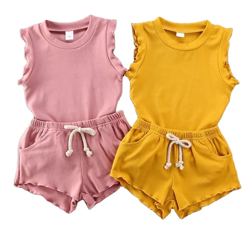 INS US Summer Kids Girls Outfits Ruffles T-shirts Strap Shorts Cotton Kid Clothing Set for Baby Girl Summer