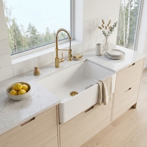Évier de cuisine en céramique fait main de 33 pouces, blanc, en argile réfractaire, style ferme, à tablier, à cuve unique - Product Image 1