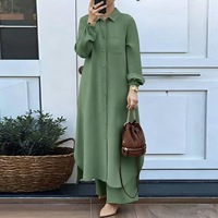 Ensemble Abaya Islamique Modeste Deux Pièces en Non-Tissé pour Femme, Chemise Tunique Boutonnée à Motif Patchwork et Pantalon Large Décontracté Coupe Ample